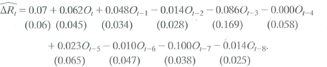 Macroeconomists have also noticed that interest rates change following oil price jumps. Let R t denote the interest rate on 3-month Treasury bills (in percentage points at an annual rate). The distributed lag regression relating the change in R t ( R t ) to O t estimated over 1955:1-2000:IV is a. Suppose that oil prices jump 25% above their previous peak value and stay at this new higher level (so that O t = 25 and O t+l = O t +2 = • • • = 0). What is the predicted change in interest rates for each quarter over the next 2 years b. Construct 95% confidence intervals for your answers to (a). c. What is the effect of this change in oil prices on the level of interest rates in period t + 8 How is your answer related to the cumulative multiplier d. The HAC F-statistic testing whether the coefficients on O t and its lags are zero is 4.25. Are the coefficients significantly different from zero