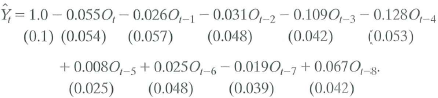 Suppose that oil prices are strictly exogenous. Discuss how you could improve on the estimates of the dynamic multipliers in Exercise 15.1. Exercise Increases in oil prices have been blamed for several recessions in developed countries. To quantify the effect of oil prices on real economic activity, researchers have done regressions like those discussed in this chapter. Let GDP t denote the value of quarterly gross domestic product in the United States and let Y t =(Q\n(GDP t / GDP t-1 ) be the quarterly percentage change in GDP. James Hamilton, an econometrician and macroeconomist, has suggested that oil prices adversely affect that economy only when they jump above their values in the recent past. Specifically, let O, equal the greater of zero or the percentage point difference between oil prices at date t and their maximum value during the past year. A distributed lag regression relating Y t and O t estimated over 1955:1-2000:IV, is a. Suppose that oil prices jump 25% above their previous peak value and stay at this new higher level (so that O t = 25 and O t+1 = O t+2 = • • • = 0). What is the predicted effect on output growth for each quarter over the next 2 years b. Construct a 95% confidence interval for your answers in (a).. c. What is the predicted cumulative change in GDP growth over eight quarters . d. The HAC F-statistic testing whether the coefficients on O t and its lags are zero is 3.49. Are the coefficients significantly different from zero