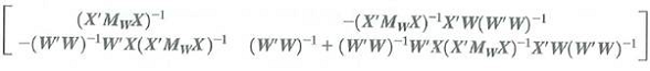 Consider the regression model in matrix form where X and W are matrices of regressors and ß and are vectors of unknown regression coefficients. Let where a. Show that the OLS estimators of ß and can be written as b. Show that = c. Show that d. The Frisch-Waugh theorem (Appendix 6.2) says that Use the result in (c) to prove the Frisch-Waugh theorem.