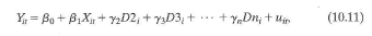 Consider the binary variable version of the fixed effects model in Equation (10.11), except with an additional regressor, Dl i ; that is, let a. Suppose that n = 3. Show that the binary regressors and the constant regressor are perfectly multicollinear; that is, express one of the variables D 1 i D2 i D 3 i and X 0,it as a perfect linear function of the others, where X 0,it , = 1 for all i, t. b. Show the result in (a) for general n. c. What will happen if you try to estimate the coefficients of the regression by OLS