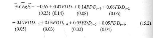 Suppose that you added FDD t+1 as an additional regressor in Equation (15.2). If FDD is strictly exogenous, would you expect the coefficient on FDD t+1 to be zero or nonzero Would your answer change if FDD is exogenous but ilot strictly exogenous