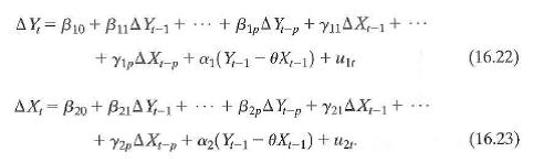 Consider the cointegrated model Y t = X t + v 1 t and X t = X t 1 + v 2 t , where v 1 t and v 2 t , are mean zero serially uncorrelated random variables with E ( v 1 t v 2 j ) = 0 for all t and j. Derive the vector error correction model [Equations (16.22) and (16.23)] for X and Y.  