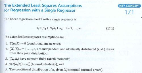 Consider the regression model without an intercept term,   (so the true value of the intercept, 0 , is zero). a. Derive the least squares estimator of 1 for the restricted regression model   This is called the restricted least squares estimator   of 1 because it is estimated under a restriction, which in this case is 0 = 0. b. Derive the asymptotic distribution of   under Assumptions #1 through #3 of Key Concept 17.1. c. Show that   is linear [Equation (5.24)] and, under Assumptions #1 and #2 of Key Concept 17.1, conditionally unbiased [Equation (5.25)]. d. Derive the conditional variance of   under the Gauss Maikov conditions (Assumptions #1 through #4 of Key Concept 17.1). e. Compare the conditional variance of   in (d) to the conditional variance of the OLS estimator   (from the regression including an intercept) under the Gauss-Markov conditions. Which estimator is more efficient Use the formulas for the variances to explain why. f. Derive the exact sampling distribution of   under Assumptions #1 through #5 of Key Concept 17.1. g. Now consider the estimator   Derive an expression for   under the Gauss-Markov conditions and use this expression to show that        