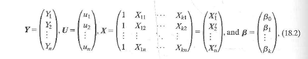 A researcher studying the relationship between earnings and gender for a group of workers specifies the regression model, Y i = ß 0 + X₁ i ß 1 + X₂ i ß 2 + u i , where X₁ i is a binary variable that equals 1 if the i th person is a female and X₂i is a binary variable that equals 1 if the i th person is a male. Write the model in the matrix form of Equation (18.2) for a hypothetical set of n = 5 observations. Show that the columns of X are linearly dependent so that X does not have full rank. Explain how you would respecifiy the model to eliminate the perfect multicollinearity.