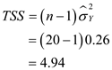 b) Given that Gauss Markov conditions are satisfied, the hypothesis can be tested using a t -test with homoskedastic standard errors Standard error can be found as square root of the variance, the covariance matrix of the coefficients is The diagonals of the above matrix are the variances of the coefficient estimates. The first diagonal for ß 0 second for ß 1 and last for ß 2 , hence the standard error for ß 1 is The coefficient is 0.25 hence t -stat is 2.19 is greater than 1.96 required at the 5% significant level, therefore, the null hypothesis is rejected. The coefficient is significant. a) Let the following be the general linear regression Here the variables are matrices, Y corresponds to the dependent variable test scores, X corresponds to the independent variable matrix, ß stores the regression coefficients, and U is the error vector as defined below As seen from the equation there are n observations for each dependent and independent variable. Here the subscripts X₁ i is the independence variable outcome X₁ for the i-th sample, and X₂ i is the independence variable outcome X₂ for the i-th sample. The OLS estimator for the vector of coefficients is defined as Here T represents the transpose of the matrix. Multiplying the matrices leads to Now it is necessary to compute for the terms inside the matrices. It is possible to use given data to calculate the summation variables. The summation terms with one variable can be computed simply as total observations times average as below The summations with more than one variable can be defined in terms of variance and covariances for example, let be the sample variance for X₁ then The sample variance has as one of the terms, isolate Similar relations can be computed for other summations with two variables as below Here the terms is the sample variance of variable X₂ , is the sample variance of Y , is the sample covariance of X₁ and Y. Hence, substituting into the equation Substitute the values n = 20, average of X₁ 7.24, average of X₂ 4.00, average of Y 4.00, variance of X₁ 0.80, variance of X₂ 2.40, covariance of X₁ and X₂ 0.28, covariance of X₁ and Y 0.22, covariance of X₂ and Y 0.32 into the above, the matrices are The remaining matrix is Finish the computation The formula for standard error of regression is The term is the matrix that stores the residuals defined below The second moment is Note that the first term is the second moment of Y which was found to be Substitute the values, n for 20, 0.26 for variance of Y , and 6.39 for average of Y The second term is that is Calculate the third term Hence, the second moment is computed as The standard error of regression, k is the number of independent variables which is 2, n is 20, and second moment of error is 3.3 The R score can be computed as The SSR is the second moment of residual errors that is The TSS is a multiple of the variance of Y Then the R score is