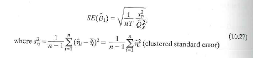 (Consistency of clustered standard errors.) Consider the panel data model where all variables are scalars. Assume that Assumption #1, #2, and #4 in Key Concept 10.3 hold and strengthen Assumption #3 so that X it and u it have eight nonzero finite moments. Let M = I T T 1 , where is a T × 1 vector ones, Also let Y i = ( Y i 1 · Y i 2 … Y iT ) , X i = ( X i 1 X i 2 … X iT ) , u i = ( u i 1 u i 2 … u iT ) , , and . For the asymptotic calculations in this problem, suppose that T is fixed and n