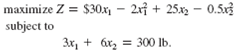 The Evergreen Fertilizer Company produces two types of fertilizers, Fastgro and Super Two. The company has developed the following nonlinear programming model to determine the optimal number of bags of Fastgro ( x 1 ) and Super Two ( x 2 ) that it must produce each day to maximize profit, given a constraint for available potassium: Determine the optimal solution to this nonlinear programming model.