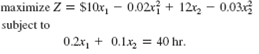 The Rolling Creek Textile Mill produces denim and brushed cotton cloth. The company has developed the following nonlinear programming model to determine the optimal number of yards of denim ( x 1 ) and brushed cotton ( x 2 ) to produce each day in order to maximize profit, subject to a labor constraint:     Determine the optimal solution to this nonlinear programming model.