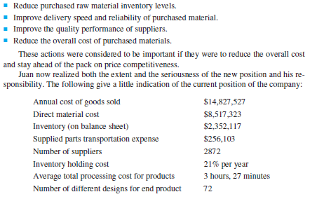 The Connery Company  When Juan Hernandez was first given the position of head buyer for the Connery Manufacturing Company, he visualized the job as merely an expansion of his old position as a commodity buyer. He had no formal training when he took the position, having been promoted to commodity buyer from his position as inventory clerk, which he had gotten directly out of high school. The lack of formal training was not a problem when he first took the job. The Connery Company was small but growing, and the major concern of the purchasing department was to obtain adequate purchased material to support the production and the growth in sales. There was little done in the way of price negotiation. The reason was that there was little competition for their products and all costs could easily be passed along in the product price, leaving room for the healthy profits that have helped Connery grow so rapidly. As is often the case in these type of situations, the luxury of little competition and flexibility in pricing was fairly short-lived. The success of the products Connery produced attracted a lot of attention, and soon Connery found itself in a market with several strong competitors. While they still had the advantage of some recognition in the market (first mover advantage, meaning that the first entrant into the market usually has a competitive advantage), that advantageous position was in grave danger of erosion. They also had an advantage in being further down the learning curve, and the quality of their product had always been quite good. The problem now was cost. Competition was driving down the prices and maintaining their delivery record at a lower price was rapidly becoming an important factor in stemming the tide of market share erosion. These factors were one of the key reasons that Juan was promoted. He was recognized as the best and most experienced of all the buyers, and Mr. Connery recognized the need to move the procurement activity from one of passive buying into an active and aggressive supply management group. As a buyer, Juan's primary responsibility was to get the material they needed, when they needed it. He primarily was responsible for buying standard components and materials, so he had hundreds of catalogs from all possible suppliers of these standard commodities. When he needed to place an order, he would typically use the catalog price or the quoted price from a supplier as long as they could meet the delivery time he needed. He had little concern for transportation cost or even quality, since for these standard components the quality from all possible suppliers was roughly equivalent. There were a few cases in the past when quality did prove to be a problem, but the supplier could usually respond quickly with an appropriate replacement. Even though the supplier would typically give Connery credit for any rejected parts, changing schedules around the problem or carrying safety stock to protect against problems would both end up costing Connery more money. Soon after the promotion to head buyer, Juan realized the job would be much more than merely an expansion of his old position. Mr. Connery told Juan he created the position of head buyer to move the company into a more cost-competitive condition. He wanted Juan to develop and implement a plan that would attempt to accomplish the following:    Assignment Once you know the information, develop a plan for Juan.