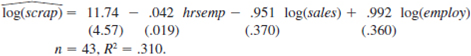 In Example 4.7, we used data on nonunionized manufacturing firms to estimate the relationship between the scrap rate and other firm characteristics. We now look at this example more closely and use all available firms. (i) The population model estimated in Example 4.7 can be written as log(scrap) = 0 + 1 hrsemp + 2 log(sales) + 3 log(employ) + u. Using the 43 observations available for 1987, the estimated equation    Compare this equation to that estimated using only the 29 nonunionized firms in the sample. (ii) Show that the population model can also be written as    where 3 = 2 + 3. [Hint: Recall that log(x 2 /x 3 ) = log(x 2 ) - log(x 3 ).] Interpret the hypothesis H 0 : 3 = 0. (iii) When the equation from part (ii) is estimated, we obtain    Controlling for worker training and for the sales-to-employee ratio, do bigger firms have larger statistically significant scrap rates  (iv) Test the hypothesis that a 1% increase in sales/employ is associated with a 1% drop in the scrap rate.
