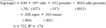 The following model allows the return to education to depend upon the total amount of both parents' education, called pareduc: log(wage) = 0 + 1 educ + 2 educ.pareduc + 3 exper + 4 tenure + u. (i) Show that, in decimal form, the return to another year of education in this model is log(wage)/ educ = 1 + 2 pareduc. What sign do you expect for _2 Why (ii) Using the data in WAGE2.RAW, the estimated equation is   (Only 722 observations contain full information on parents' education.) Interpret the coefficient on the interaction term. It might help to choose two specific values for pareduc-for example, pareduc = 32 if both parents have a college education, or pareduc = 24 if both parents have a high school education-and to compare the estimated return to educ. (iii) When pareduc is added as a separate variable to the equation, we get:   Does the estimated return to education now depend positively on parent education Test the null hypothesis that the return to education does not depend on parent education.<div style=padding-top: 35px> 