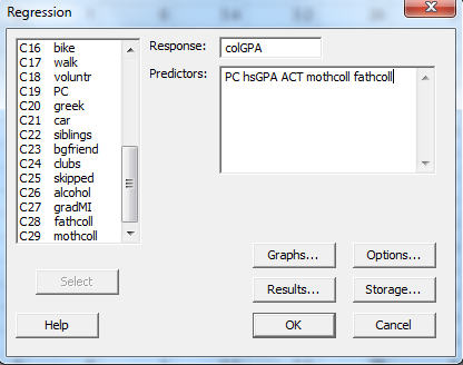 Consider the data GPA1.RAW to solve the subparts. (i) Then multiple linear regression model including all the four explanatory variables is given as: Where, the intercept is the predicted value of when the entire are equal to zero and are the slope coefficient. To do the regression analysis adds the variables and the variables mothcoll and fathcoll in the regression equation 7.6 of the text book. The procedure to do the regression analysis is given as below: 1. Click on the Stat option Regression Regression, a new dialog box will open, select the colGPA as response variable and the PC, hsGPA, ACT, mothcoll and fathcoll as the predictors then press OK button. The screen shot is shown below: 2. Press OK option in the above dialog box, the screenshot of the obtained output is shown below: The usual form of the obtained regression model is as below: The estimated effect of PC ownership is given by the coefficient of , which is 0.1512. Thus, the coefficient of PC is positive so it depicts that the colGPA is expected to increase (or decreases) by 0.152 percentages as PC increases (or decreases) by 1. The p -value of the coefficient of is 0.01 which is less than the level of significance p -value (0.05). Hence, at 5% level of significance the variable is still statistically significant asin equation 7.6. (ii) On testing for the joint significance of the variables mothcoll and fathcoll using the Wald test. The result is shown below: The p -value of F-statistic is 0.7834 which is greater than the critical p-value of 0.05 at 5% level of significance, indicating that the variables mothcoll and fathcoll are jointly insignificant at 5% level of significance. (iii) To add the variable Click on the calculator, a new dialog box will appear then store results in variable hsGPASQ and then write the expression as shown below: 2. Now press OK tab in the above dialog box. The variable hsGPASQ will be created. Now follow the same procedure as done in part (a) and add the variable hsGPASQ in the predators. The screenshot of the result obtained is shown below: The p -value of the coefficient of is 0.115 which is greater than the critical p -value of 0.05 at 5% level of significance, indicating that the generalization by adding is not needed.