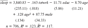 Using the data in SLEEP75.RAW (see also Problem), we obtain the estimated equation The variable sleep is total minutes per week spent sleeping at night, totwrk is total weekly minutes spent working, educ and age are measured in years, and male is a gender dummy. (i) All other factors being equal, is there evidence that men sleep more than women How strong is the evidence (ii) Is there a statistically significant tradeoff between working and sleeping What is the estimated tradeoff (iii) What other regression do you need to run to test the null hypothesis that, holding other factors fixed, age has no effect on sleeping
