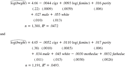 The following equations were estimated using the data in BWGHT.RAW: The variables are defined as in Example 4.9, but we have added a dummy variable for whether the child is male and a dummy variable indicating whether the child is classified as white. (i) In the first equation, interpret the coefficient on the variable cigs. In particular, what is the effect on birth weight from smoking 10 more cigarettes per day (ii) How much more is a white child predicted to weigh than a nonwhite child, holding the other factors in the first equation fixed Is the difference statistically significant (iii) Comment on the estimated effect and statistical significance of motheduc. (iv) From the given information, why are you unable to compute the F statistic for joint significance of motheduc and fatheduc What would you have to do to compute the F statistic