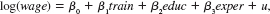 To test the effectiveness of a job training program on the subsequent wages of workers, we specify the model where train is a binary variable equal to unity if a worker participated in the program. Think of the error term u as containing unobserved worker ability. If less able workers have a greater chance of being selected for the program, and you use an OLS analysis, what can you say about the likely bias in the OLS estimator of 1 (Hint: Refer back to Chapter 3.)