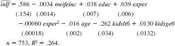 In the example in equation, suppose that we define outlf to be one if the woman is out of the labor force, and zero otherwise. (i) If we regress outlf on all of the independent variables in equation, what will happen to the intercept and slope estimates (Hint: inlf = 1 _ outlf. Plug this into the population equation inlf = 0 + 1 nwifeinc + 2 educ + … and rearrange.) (ii) What will happen to the standard errors on the intercept and slope estimates (iii) What will happen to the R-squared Equation