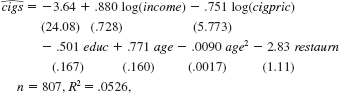 In Example 8.7, we computed the OLS and a set of WLS estimates in a cigarette demand equation. (i) Obtain the OLS estimates in equation. (ii) Obtain the i used in the WLS estimation of equation and reproduce equation. From this equation, obtain the unweighted residuals and fitted values; call these ui and yi , respectively. (For example, in Stata, the unweighted residuals and fitted values are given by default.) (iii) Let . be the weighted quantities. Carry out the special case of the White test for heteroskedasticity by regressing being sure to include an intercept, as always. Do you find heteroskedasticity in the weighted residuals (iv) What does the finding from part (iii) imply about the proposed form of heteroske-dasticity used in obtaining (8.36) (v) Obtain valid standard errors for the WLS estimates that allow the variance function to be misspecified. Equation Equation