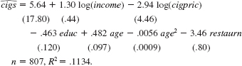 In Example 8.7, we computed the OLS and a set of WLS estimates in a cigarette demand equation. (i) Obtain the OLS estimates in equation. (ii) Obtain the i used in the WLS estimation of equation and reproduce equation. From this equation, obtain the unweighted residuals and fitted values; call these ui and yi , respectively. (For example, in Stata, the unweighted residuals and fitted values are given by default.) (iii) Let . be the weighted quantities. Carry out the special case of the White test for heteroskedasticity by regressing being sure to include an intercept, as always. Do you find heteroskedasticity in the weighted residuals (iv) What does the finding from part (iii) imply about the proposed form of heteroske-dasticity used in obtaining (8.36) (v) Obtain valid standard errors for the WLS estimates that allow the variance function to be misspecified. Equation Equation