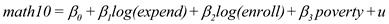 Consider the model, the result of which is given in column (1) and column (2) It shall be noted that is used as the proxy variable for The column (1) is the result of the model without The column (2) is the result of the model with (i) Considering as the percentage of students eligible for the federally funded school lunch program, it is considered to be a sensible proxy variable for .This is because, the federally funded school lunch program is aimed at promoting the children of the families below poverty line to attend school. In order to ensure family support as well as the interest of such children to go to school, this program ensures that the children of such families get a free lunch meal (ii) The effect of expenditures on is measured by the coefficient of The coefficient of is 11.13 in column (1) which is higher than the coefficient of at 7.75 in column (2) The effect of expenditure is lower in column (2) than in column (1). This is because, is included as an explanatory variable in the model, the result of which is shown in column (2) The explanatory variable is omitted in the model the result of which is shown in column (1) The variable is negatively related to and given that the coefficient of is negative, the omission of the variable would result in upward bias in the estimate of the coefficient of Hence, the effects of expenditures on is lower in column (2) than in column (1) In order to test for the statistical significance of the effects of expenditure on in column (2), it would be appropriate to conduct the t-test The effects of expenditures on is equal to zero The effects of expenditures on is greater than zero The result is: The critical (one-tailed) t-statistic at 5% level of significance for is1.645, which is less than the actual t-statistic of 2.5493, the effects of expenditures on in column (2) is statistically significantly greater than zero at 5% level of significance (iii) The largeness of the school is determined by . Higher the value of , larger the school is. The coefficient of is -1.26 in column (2) indicating that an increase of 10% in , results in decrease of by 0.126% point, thereby indicating that the pass rate are lower at larger schools, other factors being equal. (iv) The coefficient of in column (2) is -0.324, indicating that 1% point increase in (the percentage of students eligible for the federally funded school lunch program)results in 0.324% point decrease in ,other factors being equal (v) The R-squared in column (1) is 0.0297 whereas it is 0.1893 in column (2) The R-squared value in column (1) indicates that the model without could explain 2.97% of the variations in where as the R-squared value in column (2) indicates that the model with could explain 18.93% of the variations in That means, the inclusion of in the model increases the explanatory power of the model indicating that is more important a determinant of than or