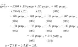 For the U.S. economy, let gprice denote the monthly growth in the overall price level and let gwage be the monthly growth in hourly wages. [These are both obtained as differences of logarithms: gprice= log(price) and gwage = log(wage).] Using the monthly data in WAGEPRC.RAW, we estimate the following distributed lag model:    (i) Sketch the estimated lag distribution. At what lag is the effect of gwage on gprice largest Which lag has the smallest coefficient  (ii) For which lags are the t statistics less than two  (iii) What is the estimated long-run propensity Is it much different than one Explain what the LRP tells us in this example. (iv) What regression would you run to obtain the standard error of the LRP directly  (v) How would you test the joint significance of six more lags of gwage What would be the dfs in the F distribution (Be careful here; you lose six more observations.)