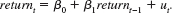 In Example 12.8, we found evidence of heteroskedasticity in u t in equation. Thus, we compute the heteroskedasticity-robust standard errors (in [•]) along with the usual standard errors:    What does using the heteroskedasticity-robust t statistic do to the significance of return t-l  