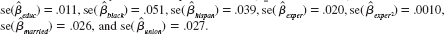Using the cluster option in the econometrics package Stata, the fully robust standard errors for the pooled OLS estimates in Table that is, robust to serial correlation and heteroskedasticity in the composite errors, {vit-. t = 1,..., T}-are obtained as (i) How do these standard errors generally compare with the nonrobust ones, and why (ii) How do the robust standard errors for pooled OLS compare with the standard errors for RE Does it seem to matter whether the explanatory variable is time-constant or time-varying Table The different Estimators of a Wage Equation