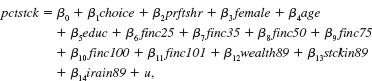 The file PENSION.RAW contains information on participant-directed pension plans for U.S. workers. Some of the observations are for couples within the same family, so this data set constitutes a small cluster sample (with cluster sizes of two). (i) Ignoring the clustering by family, use OLS to estimate the model where the variables are defined in the data set. The variable of most interest is choice, which is a dummy variable equal to one if the worker has a choice in how to allocate pension funds among different investments. What is the estimated effect of choice Is it statistically significant (ii) Are the income, wealth, stock holding, and IRA holding control variables important Explain. (iii) Determine how many different families there are in the data set. (iv) Now, obtain the standard errors for OLS that are robust to cluster correlation within a family. Do they differ much from the usual OLS standard errors Are you surprised (v) Estimate the equation by differencing across only the spouses within a family. Why do the explanatory variables asked about in part (ii) drop out in the first-differenced estimation (vi) Are any of the remaining explanatory variables in part (v) significant Are you surprised