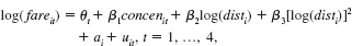 Use the data in AIRFARE.RAW for this exercise. We are interested in estimating the model    where 0t means that we allow for different year intercepts. (i) Estimate the above equation by pooled OLS, being sure to include year dummies. If concen =.10, what is the estimated percentage increase in fare  (ii) What is the usual OLS 95% confidence interval for 1 Why is it probably not reliable If you have access to a statistical package that computes fully robust standard errors, find the fully robust 95% CI for 1. Compare it to the usual CI and comment. (iii) Describe what is happening with the quadratic in log(dist). In particular, for what value of dist does the relationship between log(fare) and dist become positive [Hint: First figure out the turning point value for log(dist), and then exponentiate.] Is the turning point outside the range of the data  (iv) Now estimate the equation using random effects. How does the estimate of 1 change  (v) Now estimate the equation using fixed effects. What is the FE estimate of 1 Why is it fairly similar to the RE estimate (Hint: What is   for RE estimation ) (vi) Name two characteristics of a route (other than distance between stops) that are captured by ai. Might these be correlated with concenit  (vii) Are you convinced that higher concentration on a route increases airfares What is your best estimate