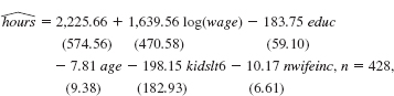 Use MROZ.RAW for this exercise. (i) Reestimate the labor supply function in Example, using log(Zzours) as the dependent variable. Compare the estimated elasticity (which is now constant) to the estimate obtained from equation at the average hours worked. (ii) In the labor supply equation from part (i), allow educ to be endogenous because of omitted ability. Use motheduc and fatheduc as IVs for educ. Remember, you now have two endogenous variables in the equation. (iii) Test the overidentifying restrictions in the 2SLS estimation from part (ii). Do the IVs pass the test