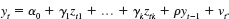 Consider equation 7 with k = 2. Using the IV approach to estimating the yh and p, what would you use as instruments for yt-1