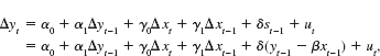 Consider the error correction model in equation. Show that if you add another lag of the error correction term, yt-2 - xt-2, the equation suffers from perfect collinearity. (Hint: Show that yt-2 - xt-2 is a perfect linear function of yt-1 - xt-1, xt-1, and yt-1.) Equation