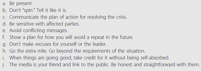 Using the letters a through j that accompany the guidelines in Exhibit 12.3, identify which guideline is explained by each statement below. (Reference Exhibit 12.3) _______ Information is held back or filtered to say only what the leaders or those in charge want you to know about a crisis.
