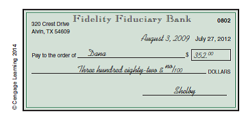 Shelby wrote the following check to Dana. When is it payable, and for how much?