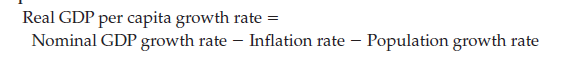 Equation 9-1 states that Real GDP per capita growth rate 5 Nominal GDP per capita growth rate 2 Inflation rate 2 Population growth rate. This equation is an approximation of the exact rate of growth of GDP per capita, and so it results in some errors when calculating this rate. However, the simplified equation is both easy to use and results in small error terms when inflation, nominal GDP growth, and population growth are low, and so it is a useful approximation. Table 9P-2 lists a fictional country's nominal GDP, real GDP, GDP deflator, and population over two years.  a. Use your knowledge from The Cost of Living chapter to verify that the real GDP figures in Table 9P-2 are accurate.  b. Calculate this country's real GDP per capita for both 2012 and 2013.  c. Calculate the growth rate in this country's real GDP per capita between 2012 and 2013.  d. Calculate the growth rates in the nominal GDP, GDP deflator, and the population.       