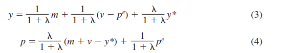 Use equations (3) and (4) to forecast both the price level and the level of output that result from the simple AS - AD model of Section 24-2. You may assume that the slope of the aggregate supply curve is     that the values of the money supply, velocity, and potential GDP are 9, 8, and 7, respectively; and that the expected price level is 5. b. Evaluate your forecast in light of the Lucas critique.  c. How does this forecast differ from that which would result from a perfect-foresight model  d. Is this forecast better or worse Explain   