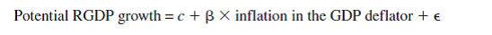 In Section 5.1 of this chapter we stated that changes in potential GDP do not depend on the price level, or in other words, potential GDP is exogenous with respect to the price level. The goal of this exercise is to give you a chance to convince yourself that this is the case.  a. Go to http://research.stlouisfed.org/fred2 and download annual data for the period 1949-2012 for the following two variables: Real Potential Gross Domestic Product (potential RGDP) and Gross Domestic Product Implicit Price Deflator. (Both sets of data are located under the Category National Accounts. For RGDP, go to GDP/GNP and for the price deflator, go to Price Indexes and Deflators.) Copy the data into an EXCEL spreadsheet. You will need to take the average of the four quarters of each year to get the annual average. ( Hint: Use the average command in Excel.)  b. Calculate the annual growth rate in potential RGDP and the annual inflation rate in GDP deflator. Create a scatterplot that has the growth rate of potential GDP on the Y axis and the annual inflation rate in the GDP deflator on the X axis. Can you visually identify any relationship between the two variables *  c. If you have taken a statistics class, use EXCEL or a statistical program in order to run the following regression:      What do you find Is the coefficient on the inflation rate statistically significant Interpret your results.