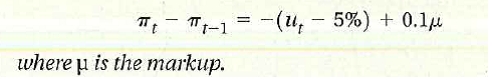 Markups, unemployment, and inflation Suppose that the Phillips curve is given by    Suppose that unemployment is initially at its natural rate. Suppose now that p increases as a result of an oil price shock, but that the monetary authority continues to keep the unemployment rate at its previous value. a. What will happen to inflation  b. What should the monetary authority do instead of trying to keep the unemployment rate at its previous value