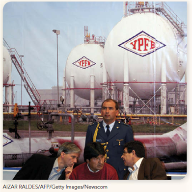 KNOW RIGHT FROM WRONG Bolivia's president announced that his government was nationalizing all natural resources, what our ancestors fought for.  Nationalism and Protectionism a Potent Mix      T he headline read Bolivia Seizes Control of Oil and Gas Fields. Although oil industry executives couldn't say that this wasn't anticipated, it still must have been shocking when Bolivia's government announced that it was taking control of the country's oil and gas fields. The announcement said: We are beginning by nationalizing oil and gas; tomorrow we will add mining, forestry, and all natural resources, what our ancestors fought for. Immediately following the announcement, Bolivia's armed forces secured all of the country's oil and gas fields. President Evo Morales set forth new terms that gave a state-owned firm 82% of all revenues, leaving 18% for the foreign firms. He said: Only those firms that respect these new terms will be allowed to operate in the country. The implicit threat was that any firms not willing to sign new contracts would be sent home. While foreign governments described this nationalization as an unfriendly move, Morales considered it patriotic. His position was that any existing contracts with the state were in violation of the constitution, and that Bolivia's natural resources belonged to its people. WHAT DO YOU THINK  If you were the CEO of one of the global oil firms operating in Bolivia, how would you react to this nationalization Would you resist and raise the ethics issue of honoring existing contracts with the Bolivian government Or would you comply and accept the new terms being offered As an everyday citizen of the world, do you agree or disagree with the argument that Bolivia's natural resources are national treasures that belong to the people, not foreign investors What ethical issues inform the decision to nationalize Bolivia's oil and gas industry