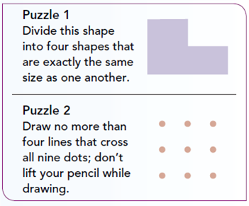 LEARN ABOUT YOURSELF Many life and career events are a lot like puzzles; everything looks pretty easy until you sit down and try to put all the pieces together.  Get and Stay Ahead with Critical Thinking  M anagers face significant challenges as they try to move their organizations forward with success in increasingly complex and ever-changing environments. When the environment is complex and uncertain, critical thinking skills are especially important. They help us to gather, organize, analyze, and interpret information to make good decisions in situations that range from difficult to totally perplexing. The case studies and problem-solving projects in your courses help to develop your critical thinking skills. But beware-a lot of information in circulation on and offthe Internet is anecdotal, superficial, irrelevant, and often just plain inaccurate. You have to be disciplined, cautious, and discerning when interpreting the credibility and usefulness of available information. In other words, you must be good at critical thinking. The same critical thinking that is part of a rigorous class discussion or case study in your course is what helps managers create strategies that result in competitive advantage. But managers rarely have the luxury of full information boxed up for analysis in a nice, neat case format. Many life and career events are a lot like puzzles-everything looks pretty easy until you sit down and try to put all the pieces together. Are your critical thinking skills up to the challenges of the constantly changing competitive landscape How good are you at making critical connections in unusual situations For starters, take a stab at the two puzzles shown here.     GET TO KNOW YOURSELF BETTER Is your personal career strategy well attuned to the future job market, and not just the present one Are you showing strong critical thinking skills as you make academic choices and prepare for your career Make a list of information you need to make solid career choices. Identify where you can obtain this information and how credible these information sources are. Write a short plan that outlines how you'll use this information and commits you to activities in this academic year that can improve your career readiness.