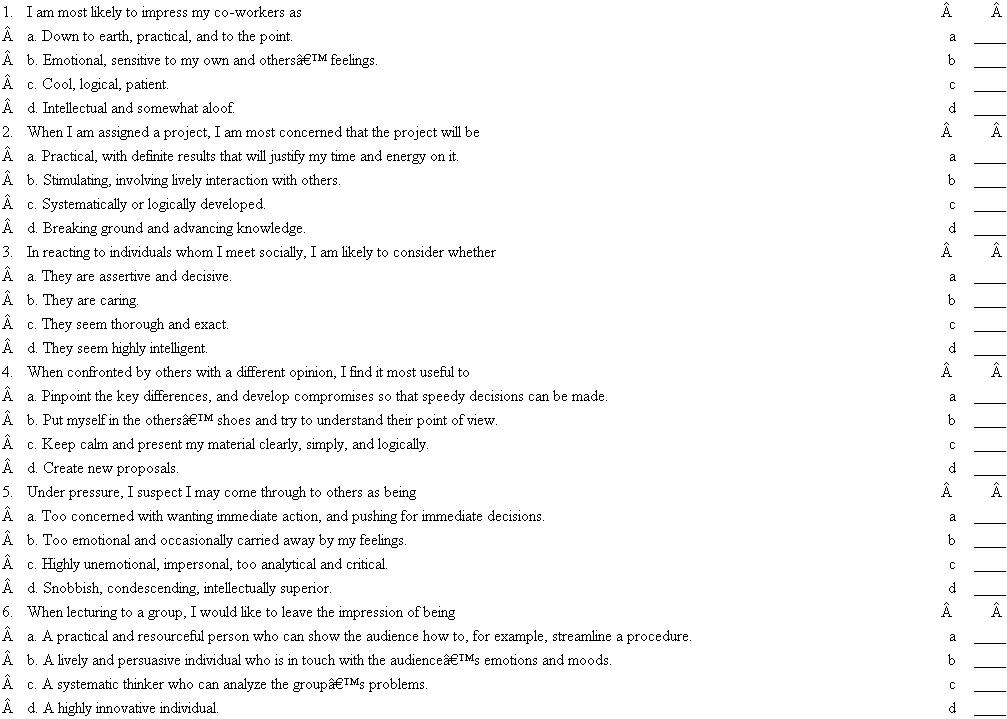 What 's Your Communication Style?  Carefully read each statement and its four endings. Grade these by assigning a 4 to the ending that most describes you, a 3 to the next ending most like you, a 2 to the next ending most like you, and a 1 to the ending least like you. Once you have assigned a number, you may not use that number again in the set of four endings. For example, you may not assign a grade of 4 to both 1 a and 1 b.    Now transcribe the numbers that you wrote beside each ending to the appropriate spaces below. Total the columns for questions 1-3 and for questions 4-6. The initials at the bottom of the columns-S, F, T, and I-stand for the different communication styles: senser, feeler, thinker, and intuitor. The column with the highest total for questions 1-3 is your communication style under relaxed conditions, and the column with the highest total for questions 4-6 is your style under stress conditions. Once you have defined your particular style, check the table at the end of the exercise for the positive and negative traits associated with it. Note that you may have the positive traits without the negative ones or vice versa.    Source: Phyllis Kuhn, Sharpening Your Communication Skills, Medical Laboratory Observer , March 1987. Used with permission from Medical Laboratory Observer. Copyright © 1987 by Nelson Publishing, Inc., www.mlo-online.com. Some Traits Linked to Each Communication Style    