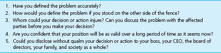 Debating the Sarbanes-Oxley Act The major points of the Sarbanes-Oxley Act of 2002 are summarized in Figure 5.3. Carefully study Figure 5.3 and develop an argument either supporting the rise and necessity of the act or in opposition to the act. Your instructor may allow you to gather additional information through library or Internet research. Summarize your argument points in outline form, and be prepared to debate classmates who take the other side of the argument. FIGURE 5.3 Solving Ethical Dilemmas Source: L. Nash, Ethics without the Sermon, Harvard Business Review 59 (1981), p. 78.