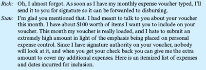 Padding the Expense Account?  Principals: Rick Bell-residence accounts manager in Midland for United Electric Company. Rick is 25 years old, is considered to have good potential as a manager, and was promoted to his present job one month ago. Stan Holloway-district manager for United Electric in Midland. He is 33 years old and has been in his present job 2½ years. His district, Midland, has strong political influence in the company, as the current president of United Electric was raised in Midland. Stan is Rick's boss. Chester Chet House-division manager for United. He is 61 years old and is located at company headquarters about 30 miles from Midland. He is Stan's boss and is also a close personal friend of the president of United. At 7:45 AM on the 28th of March, Rick Bell was preparing to leave Stan Holloway's office after chatting with him for a few minutes about the week's activities.     Also, don't forget that Chet House is coming by today, and we are to go to lunch with him. Rick Bell leaves Stan's office with the itemized list in his hand. During the morning, Rick gives much thought to Stan's request. At about 10 AM, Stan calls Rick on the intercom and informs him that he (Stan) won't be able to go to lunch with them (Rick and Chet) that day because the local congressman is making an unscheduled stop in Midland to confer with some selected business leaders on some local issues that will be dominant in the upcoming fall election. He asks Rick to take Chet out to lunch and give him his regrets and to tell Chet that he (Stan) will see them after lunch around 2 PM. When Chet arrives, he and Rick leave for lunch and during the meal, the following conversation ensues:     So I guess that every man at some time has to make a decision that determines his survival among the fittest. This situation could be one of them. Rick and Chet finished their meal in relative silence and went back to the office where they met Stan for their conference. After the conference, Rick went back to his office and gave some thought to the events of the day. That evening after work Rick went back to Stan's office with the results of his decision. Do you agree with Mr. House's response to Rick?