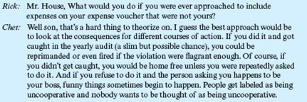 Padding the Expense Account?  Principals: Rick Bell-residence accounts manager in Midland for United Electric Company. Rick is 25 years old, is considered to have good potential as a manager, and was promoted to his present job one month ago. Stan Holloway-district manager for United Electric in Midland. He is 33 years old and has been in his present job 2½ years. His district, Midland, has strong political influence in the company, as the current president of United Electric was raised in Midland. Stan is Rick's boss. Chester Chet House-division manager for United. He is 61 years old and is located at company headquarters about 30 miles from Midland. He is Stan's boss and is also a close personal friend of the president of United. At 7:45 AM on the 28th of March, Rick Bell was preparing to leave Stan Holloway's office after chatting with him for a few minutes about the week's activities.     Also, don't forget that Chet House is coming by today, and we are to go to lunch with him. Rick Bell leaves Stan's office with the itemized list in his hand. During the morning, Rick gives much thought to Stan's request. At about 10 AM, Stan calls Rick on the intercom and informs him that he (Stan) won't be able to go to lunch with them (Rick and Chet) that day because the local congressman is making an unscheduled stop in Midland to confer with some selected business leaders on some local issues that will be dominant in the upcoming fall election. He asks Rick to take Chet out to lunch and give him his regrets and to tell Chet that he (Stan) will see them after lunch around 2 PM. When Chet arrives, he and Rick leave for lunch and during the meal, the following conversation ensues:     So I guess that every man at some time has to make a decision that determines his survival among the fittest. This situation could be one of them. Rick and Chet finished their meal in relative silence and went back to the office where they met Stan for their conference. After the conference, Rick went back to his office and gave some thought to the events of the day. That evening after work Rick went back to Stan's office with the results of his decision. Do you agree with Mr. House's response to Rick?