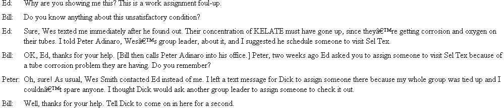 Who Dropped the Ball?  In October 2011, Industrial Water Treatment Company (IWT) introduced KELATE, a new product that was 10 times more effective than other treatments in controlling scale buildup in boilers. The instantaneous demand for KELATE required that IWT double its number of service engineers within the following year. The sudden expansion caused IWT to reorganize its operations. Previously, each district office was headed by a district manager who was assisted by a chief engineer and two engineering supervisors. In 2012, this structure changed. The district manager now had a chief engineer and a manager of operations. Four engineering supervisors (now designated as group leaders) were established. They were to channel all work assignments through the manager of operations, while all engineering-related problems were to be handled by the chief engineer. Each group leader supervised 8 to 10 field service engineers (see Exhibit 1). EXHIBIT 1 Partial Organizational Chart for IWT      Bill Marlowe, district manager for the southeast district, has just received a letter from an old and very large customer, Sel Tex, Inc. The letter revealed that when Sel Tex inspected one of its boilers last week, it found the water treatment was not working properly. When Sel Tex officials contacted Wes Smith, IWT's service engineer for the area, they were told he was scheduled to be working in the Jacksonville area the rest of the week but would get someone else down there the next day. When no one showed up, Sel Tex officials were naturally upset; after all, they were only requesting the engineering service they had been promised. Bill Marlowe, perturbed over the growing number of customer complaints that seemed to be coming his way in recent months, called Ed Jones, chief engineer, into his office and showed him the letter he had received from Sel Tex.    Dick Welsh, manager of operations, came into Bill's office about 20 minutes later.    Questions  1. What problems does Bill Marlowe face? 2. Are the problems related to the way IWT is organized, or are they related to the employees? 3. How could these problems be resolved?