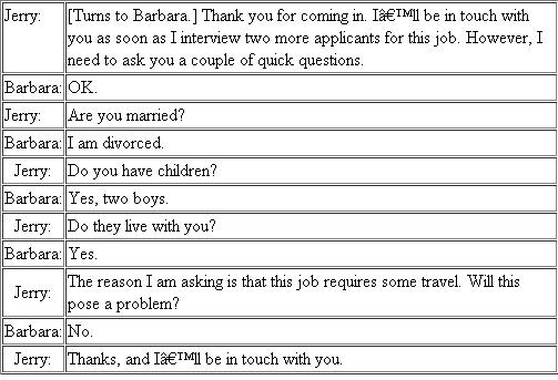 The Employment Interview  Jerry Sullivan is the underwriting manager for a large insurance company located in the Southwest. Recently, one of his best employees had given him two weeks' notice of her intention to leave. She was expecting a baby soon, and she and her husband had decided she was going to quit work and stay home with her new baby and her other two young children. Today, Jerry was scheduled to start interviewing applicants for this job. The first applicant was Barbara Riley. She arrived at the company's office promptly at 9 AM, the time scheduled for her interview. Unfortunately, just before she arrived, Jerry received a phone call from his boss, who had just returned from a three-week vacation. He wanted Jerry to bring him up to date on what had been going on. The telephone conversation lasted 30 minutes. During that time, Barbara Riley was seated in the company's reception room. At 9:30, Jerry went to the reception room and invited her into his office. The following conversation occurred:    This phone conversation goes on for almost 10 minutes. After hanging up, Jerry turns again to Barbara to resume the interview.    At that point, Barbara tells Jerry about her education, which includes an undergraduate degree in psychology and an MBA, which she will be receiving shortly. She explains to Jerry that this will be her first full-time job. Just then the phone rings, and Jerry's secretary tells him that his next interviewee is waiting.    Questions  1. Outline the inadequacies of this interview. 2. What information did Jerry learn? 3. What do you think of Jerry's last questions?