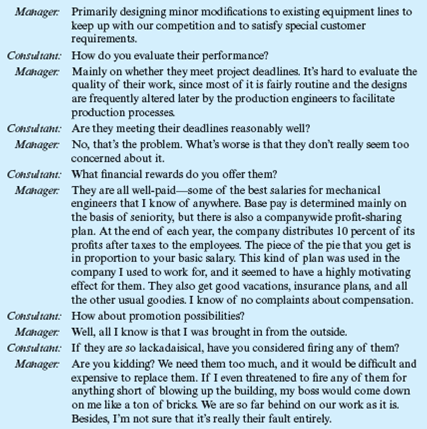 Our Engineers Are Just Not Motivated  You are a consultant to the manager of mechanical engineering for a large company (8,000 employees, $200 million annual sales) that manufactures industrial equipment. The manager has been in this position for six months, having moved from a similar position in a much smaller company.         Why are the engineers not motivated?