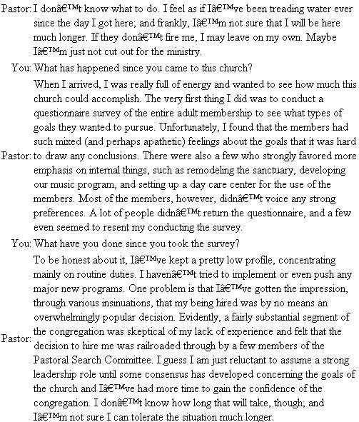 Does the Congregation Care?  You are talking with a young pastor of an independent church with 300 adult members. The pastor came directly to the church after graduating from a nondenominational theological school and has been in the job for eight months.    Questions  1. Analyze and explain the situation using any of the theories of leadership discussed in this chapter. 2. What would you recommend the young pastor do?