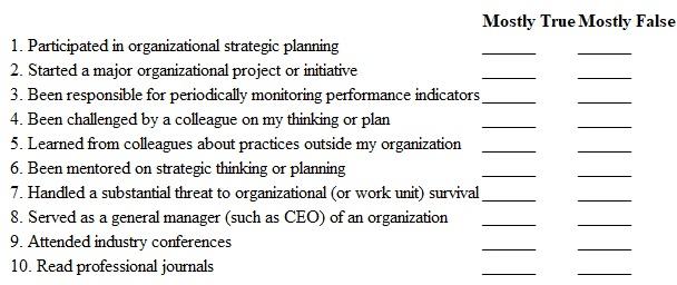 Strategic Thinking Blueprints74  Strategic thinking involves a mental blueprint that includes a desired future, ways to achieve that future, and specific actions needed to arrive at that future. The strategic thinking blueprint can apply to a company, a department, or an individual. Strategic thinking can be developed through work experiences in addition to formal study. Please mark Mostly True or Mostly False based on whether you have experienced each of the following work situations.     Scoring and Interpretation The first eight items here are listed in descending order of frequency of work experiences that contributed to the strategic thinking ability of 207 managers. (Item 1 was experienced most often, item 8 least often.) Items 8, 7, and 2 had the most impact on strategic thinking when experienced, and the other items were important, but somewhat less so. Items 9 and 10 were educational experiences that were considered valuable, but a little less important than the work experiences. If you checked Mostly True for four or more items, you have a good start on strategic thinking. If you scored 8 or more, you should be a true strategic thinker. You can involve yourself in additional strategic work experiences to develop your mind's ability to develop and implement strategic blueprints. Why do you think items 8, 7, and 2 have the most impact on developing strategic thinking? Why do you think direct experiences with strategic planning were more important than the educational experiences in items 9 and 10? Discuss your answers with other students as directed by your instructor.