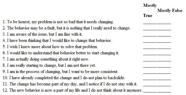 Are You Ready to Implement Personal Change?110 Step 1. Think about a specific behavior change-for example, stopping smoking, scheduling regular exercise, learning a new skill, adopting a healthier diet, or dropping a bad habit-that you have considered making in your life. With that specific behavior or habit in mind, carefully answer each item below as Mostly True or Mostly False for you.    Step 2. Scoring and Interpretation: The items in Step 1 pertain to a person's stage of readiness to implement a personal change. Each of the four stages is measured by three questions in the scale. Give yourself one point for each item marked Mostly True.    You will probably find that you have a higher score for one of the stages, which means you are in that stage for your specific change. If you have the same score for two adjacent stages, then you are probably transitioning from one stage to the next. What does your score imply about your likelihood of success in making the change? Step 3. In groups of three to five students, take turns describing your desired change and the meaning of the stage that you are in. Compare notes and discuss the progress of each person's change. Step 4. Discuss the answers to the following questions as a group: How likely is it that you will implement your desired change successfully? Why? To implement a personal change, how important is it to feel a strong need for change? Can you identify driving and restraining forces for the personal changes in your group? Which implementation tactics from this chapter would help your group members make their desired changes? Why do you think so?
