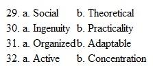 Personality Assessment: Jung's Typology91 For each of the following items, circle either a or b. In some cases, both a and b may apply to you. You should decide which is more like you, even if it is only slightly more true. 1. I would rather: a. Solve a new and complicated problem b. Work on something that I have done before 2. I like to: a. Work alone in a quiet place b. Be where the action is 3. I want a boss who: a. Establishes and applies criteria in decisions b. Considers individual needs and makes exceptions 4. When I work on a project, I: a. Like to finish it and get some closure b. Often leave it open for possible change 5. When making a decision, the most important considerations are: a. Rational thoughts, ideas, and data b. People's feelings and values 6. On a project, I tend to: a. Think it over and over before deciding how to proceed b. Start working on it right away, thinking about it as I go along 7. When working on a project, I prefer to: a. Maintain as much control as possible b. Explore various options 8. In my work, I prefer to: a. Work on several projects at a time, and learn as much as possible about each one b. Have one project that is challenging and keeps me busy 9. I often: a. Make lists and plans whenever I start something and may hate to alter my plans significantly b. Avoid plans and just let things progress as I work on them 10. When discussing a problem with colleagues, it is easy for me: a. To see the big picture b. To grasp the specifics of the situation 11. When the phone rings in my office or at home, I usually: a. Consider it an interruption b. Don't mind answering it 12. The word that describes me better is: a. Analytical b. Empathetic 13. When I am working on an assignment, I tend to: a. Work steadily and consistently b. Work in bursts of energy with down time in between 14. When I listen to someone talk on a subject, I usually try to: a. Relate it to my own experience and see whether it fits b. Assess and analyze the message 15. When I come up with new ideas, I generally: a. Go for it b. Like to contemplate the ideas some more 16. When working on a project, I prefer to: a. Narrow the scope so it is clearly defined b. Broaden the scope to include related aspects 17. When I read something, I usually: a. Confine my thoughts to what is written there b. Read between the lines and relate the words to other ideas 18. When I have to make a decision in a hurry, I often: a. Feel uncomfortable and wish I had more information b. Am able to do so with available data 19. In a meeting, I tend to: a. Continue formulating my ideas as I talk about them b. Speak out only after I have carefully thought the issue through 20. In work, I prefer spending a great deal of time on issues of: a. Ideas b. People 21. In meetings, I am most often annoyed with people who: a. Come up with many sketchy ideas b. Lengthen the meeting with many practical details 22. I tend to be: a. A morning person b. A night owl 23. My style in preparing for a meeting is: a. To be willing to go in and be responsive b. To be fully prepared and sketch an outline of the meeting 24. In meetings, I would prefer for people to: a. Display a fuller range of emotions b. Be more task-oriented 25. I would rather work for an organization where: a. My job was intellectually stimulating b. I was committed to its goals and mission 26. On weekends, I tend to: a. Plan what I will do b. Just see what happens and decide as I go along 27. I am more: a. Outgoing b. Contemplative 28. I would rather work for a boss who is: a. Full of new ideas b. Practical In the following, choose the word in each pair that appeals to you more:         Characteristics Frequently Associated with Each Type The scores above measure variables similar to the MBTI TM assessment, based on the work of psychologist Carl Jung. The MBTI TM assessment, which was described in the chapter text, identifies four dimensions and 16 different types. The dominant characteristics associated with each type are shown in the chart on the following page. Remember that no one is a pure type; however, each individual has preferences for introversion versus extroversion, sensing versus intuition, thinking versus feeling, and judging versus perceiving. Read the description of your type as determined by your scores in the survey. Do you believe the description fits your personality? Characteristics for Each Type ISTJ: Organizer, trustworthy, responsible; good trustee or inspector ISFJ: Quiet, conscientious, devoted, handles detail; good conservator INFJ: Perseveres, inspirational, quiet, caring for others; good counselor INTJ: Independent thinker, skeptical, theory, competence; good scientist ISTP: Cool, observant, easygoing; good craftsperson  ISFP: Warm, sensitive, team player, avoids conflict; good artist INFP: Idealistic, strong values, likes learning; good at noble service INTP: Designer, logical, conceptual, likes challenges; good architect ESTP: Spontaneous, gregarious; good at problem solving and promoting ESFP: Sociable, generous, makes things fun; good entertainer ENFP: Imaginative, enthusiastic, starts projects; good champion ENTP: Resourceful, stimulating, dislikes routine, tests limits; good inventor  ESTJ: Order, structure, practical; good administrator or supervisor ESFJ: People skills, harmonizer, popular, does things for people; good host ENFJ: Charismatic, persuasive, fluent presenter, sociable, active; good teacher ENTJ: Visionary planner, takes charge, hearty speaker; natural leader